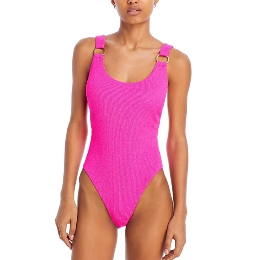 Aqua Swim One Piece Swimsuit XL Hot Pink Metallic Ring Strap High Cut NWT